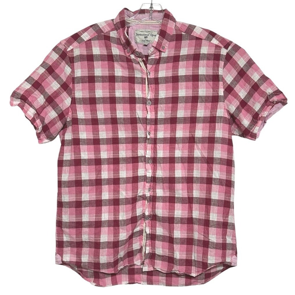 International Report Button Down Mens Pink Gingham Plaid Linen Blend Preppy  XL